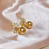 Pendientes de Perlas Color Dorado Champán con Lazo Estilo Bosque de Lujo Ligero para Mujer, Aguja de Plata S925, Pendientes Minimalistas de Alta Gama