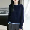 Cardigan de Lã Fina com Color-Blocking Estilo Coreano 48 Fios Suéter Casaco Primavera/Verão Versátil Gola Redonda Roupa Feminina