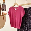 Camiseta de Tencel y Lino Minimalista con Calados, Cuello en V, Manga Corta para Mujer, Top de Punto Transpirable para Verano, Corte Holgado, Adelgazante, Sensación Fresca