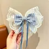 Presilha de Cabelo Infantil com Laço de Renda Xadrez Azul e Branco Estilo Princesa Presilha de Cabelo com Fita na Parte de Trás da Cabeça Super Fada Presilha de Cabelo Acessórios de Cabelo