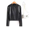 Chaqueta de Cuero Corta con Cuello Alto para Mujer, Abrigo de Cuero Ajustado para Primavera, Otoño e Invierno con Bolsillos Reales, Chaqueta de Cuero Biker