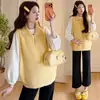 Ropa de Maternidad Primavera Nuevo Algodón Holgado Camiseta de Manga Larga + Chaleco de Punto con Cuello Polo Reductor de Edad Conjunto de Dos Piezas para Maternidad