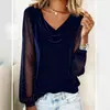 2025 Nuevo Sitio Independiente de Amazon Ropa de Mujer Transfronteriza Europea y Americana Color Sólido Cuello en V Malla Pedrería Manga Larga Camiseta