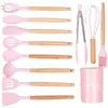 Juego de 12 Utensilios de Cocina de Madera y Silicona Transfronterizo para Cocinar en la Cocina, Espátula de Silicona Antiadherente, Cuchara para Sopa, Espátula para Freír, Colador, Modelo Nuevo