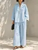 Marca independente listrado solto casual feminino manga longa zíper gola média calça pantalona conjunto de duas peças roupa de casa moda estilo moderno