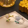 Anillo de Flor de Cobre Micro-Pavimentado con Circonita para Mujer, Giratorio, Lindo y Dulce, Anillo Abierto de Girasol Completamente Diamantado