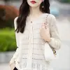 Top de punto de algodón puro suave estilo francés con cordón y cuello en V para mujer, corte holgado, nuevo top liso hueco de manga larga para primavera/verano