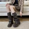 Botas de Pantalón de Suela Gruesa para Mujer, Nuevas Botas de Jinete Adelgazantes con Hebilla de Cinturón y Tacón Grueso, Botas de Media Pantorrilla, Botas Vaqueras Occidentales para Mujer