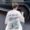Camiseta de Manga Corta con Cuello Redondo Estampado del Monte Fuji para Hombre Verano 2025 Delgada Moda Americana High Street Marca Ropa de Pareja de Manga Tres Cuartos