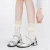 Calcetines Blancos de Encaje Hasta la Rodilla, Calcetines Lolita con Cinta Jk, Calcetines Gruesos Rayados Largos Forrados de Polar para Otoño e Invierno
