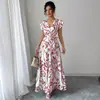 Primavera e Verão 2025 Amazon Novo Vestido Longo Estampado Sexy Emagrecedor com Decote V e Babados