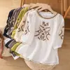 277 # Camisa de algodón y lino con bordado pesado de manga tres cuartos para mujer, verano, corte holgado, adelgazante, jersey de cuello redondo, top de lino elegante