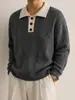 Suéter polo masculino em tricô trançado estilo retrô americano, um look de duas peças, para outono e inverno, corte justo, blusa de tricô casual