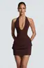 Vestido Mini Bodycon de Cuello Halter Profundo Estilo Ins Europeo Color Sólido Temperamento de Gama Alta Elegante Espalda Descubierta Sexy