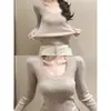 Suéter Tejido de Cuello en U Chica Caliente Deseo Puro Otoño Invierno Canalé Ajustado Delgado Adelgazante Suéter Capa Base Sexy Manga Larga para Mujer