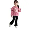 Sudadera Dulce Infantil de Cuello Redondo con Mangas de Encaje Set Primavera-Otoño, Conjunto de Dos Piezas para Niñas, Suéter Dulce Casual con Pantalones Acampanados Atuendo de Moda