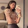 Top Corto Waffle Floral Retro de Verano 2026 para Mujer con Cuello Cuadrado, Mangas Abullonadas y Ombligo al Aire Top de Moda