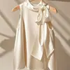 Top Halter de Cetim Branco Champagne Estilo Francês para Mulheres, Nova Blusa Solta de Verão com Laço, Elegante e Rejuvenescedora