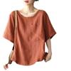 Camisa de algodón y lino de verano para mujer, estilo retro, cuello redondo, manga corta, informal, estilo artístico