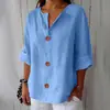 Novedad Primavera y Verano 2026 Amazon Transfronterizo Europeo y Americano Nuevo Estilo Camiseta Holgada para Mujer Cuello en V Algodón y Lino Botón Superior