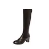 Botas Altas Estilo Diosa Piernas Largas Blanco Leche Tacón Alto Delgadas 2026 Invierno Tacones Gruesos Punta Redonda Piel de Vaca Circunferencia Pequeña de Pantorrilla Elasticidad Botas Largas