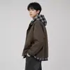 Jaqueta marrom estilo americano, falsa peça dupla, para homens, conjunto de outono e primavera, jaqueta Harrington, jaqueta de baseball estilosa