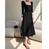 Vestido elegante negro de manga larga con cuello cuadrado estilo francés para mujer, nuevo, entallado, adelgazante, de cintura alta, elegante, otoño e invierno, vestido interior