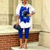 Bestseller Transfronterizo Europeo y Americano Camisa Estampada Holgada de Manga Media Pantalones Cropped Azul Real Conjunto de Dos Piezas de Temperamento a la Moda para el Trabajo