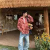 Camisa a cuadros roja retro de tendencia, estilo americano, nicho, unisex, top casual holgado de manga larga para primavera y otoño
