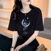 Nova camiseta de algodão puro com modelagem solta e mangas curtas para mulheres, para usar no verão, nova blusa estilosa com estampa, gola redonda, adequada para primavera e outono