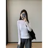 Estampa de Letra Simples~Algodão de Torção Forte de Alta Qualidade Sarja Elástica Manga Longa Cor Sólida Camiseta Base Feminina 26 Novo H091906
