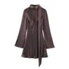 2025 Nuevo Otoño Sexy Sexy Cuello en V Profundo Textura Satén de Seda Bufanda Vestido Cintura Falda Corta para Mujeres 8941331