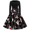 C5517 transfronterizo Navidad nuevo comercio exterior talla grande retro para mujer cuello redondo manga larga estampado vestido amplio de gran vuelo