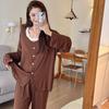 2025 Nuevo Encaje Lazo Redondo Almohadilla de Pecho Cárdigan Casual Manga Larga Pijama para Mujer Color Sólido Ropa para el Hogar Conjunto de Dos Piezas Primavera y Otoño