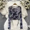 Camiseta de Manga Larga de Malla Fina con Estampado Tie-Dye, Cuello Redondo, Estilo Coreano, Nueva, Protección Solar, Top Corto con Cordón, Estilo Occidental