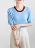 2024 New Summer Worsted Wool Sweater Pit Strip Contrasting Color Short-Sleeved Round Neck Thin Loose Short-Sleeved Knitted Top