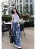 Em Estoque 2025 "Little Style" Calça Azul Xadrez Solta e Casual, Mesmo Estilo de Lu Si Calça de Xadrez Wide-Leg