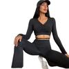 Traje de Fitness Transfronterizo Europeo y Americano para Mujer Chaqueta con Cordón Puño Acampanado Cintura Alta Control de Abdomen Adelgazante Yoga Pantalones Acampanados