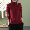 Top retro de estilo étnico para mujer, de otoño e invierno, con bordados, manga larga, cuello semi-alto y tejido cepillado
