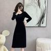 Vestido Feminino Outono Nova Moda Estilo Hepburn Veludo Gola Quadrada Slim Fit Comprimento Médio
