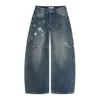 Parche con Estampado de Pentagrama Patchwork Jeans de Pierna Ancha Hombre Verano Nuevo Retro Lavado Sueltos Casual Guadaña Pantalones Largos Mujer