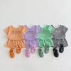 Traje de verano a cuadros de algodón fino para bebés, niños y niñas, camiseta de manga corta con estampado de frutas, pantalones, conjunto de dos piezas