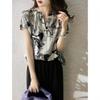 Camisa de Gasa con Cuello en V y Estampado de Tinta para Mujer de Manga Corta 2024 Nuevo Verano Francés Retro Diseño Holgado Top de Moda