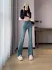Calça Jeans Flare Vintage Azul com Fenda Dividida para Mulheres, Forrada com Lã para o Inverno, Tamanho Grande, Valoriza o Corpo Pera, Calça Bootcut com Barra Desfiada