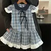 Vestido de Niña Verano Nuevo Estilo Niña Pequeña Solapa Pequeña Manga de Volante Falda Moda Niños Falda de Encaje Cuadros de Verano