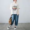 Foto Real de Camiseta Artística de Algodón y Lino de Nuevo Estilo para Verano 2026 para Mujer, Manga Corta, Tallas Grandes, Top Holgado Estampado