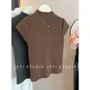 Uso Diário Primavera e Outono Gola Meia-Alta Elegante Base Tricô Top Cor Sólida Manga Curta Camiseta Feminina Slim-Fit Top Curto