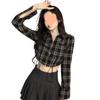 [Original] Camisa francesa retro de manga larga a cuadros, diseño de nicho, tirantes finos, corte entallado, cintura alta y corte corto.