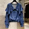 Camisa a Cuadros con Volantes de Moda para Mujer Verano 2026 Nuevo Elegante Delgado Mangas Abullonadas Diseño con Cordón Top