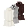 Comercio Exterior Transfronterizo 2026 Primavera Nuevo Estilo Europeo y Americano Elegante Chaleco sin Mangas con Cinturón y Cuello Alto Efecto Piel Sintética para Mujer